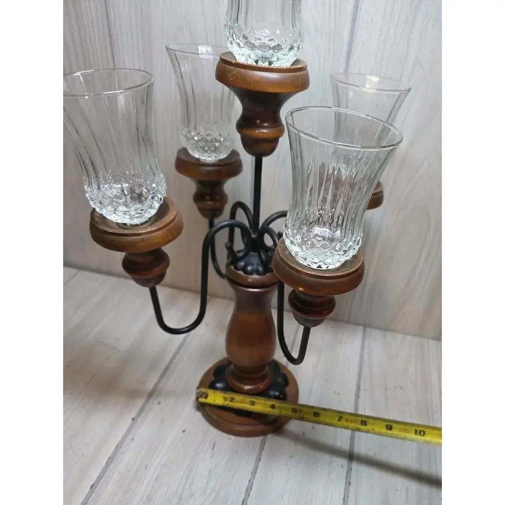 Vtg 60s/70s Wood And Wrought Iron Candelabra 5 Arm Gothic Candle Votives 19.5”